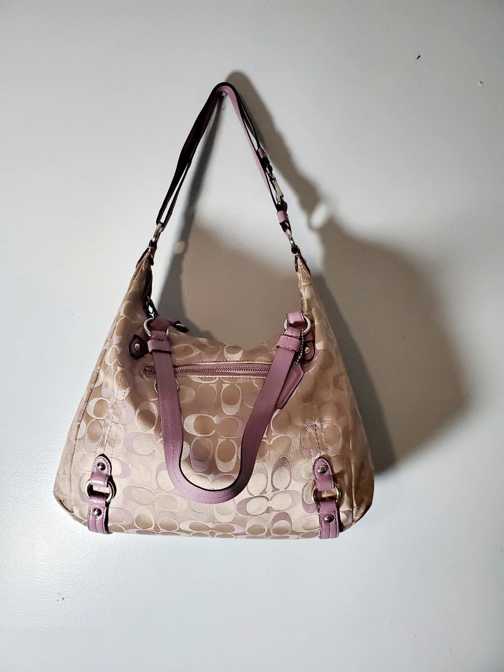Coach Signature Jacquard Hobo Large Shoulder Bag Pink/Lilac Leather Trim Preppy